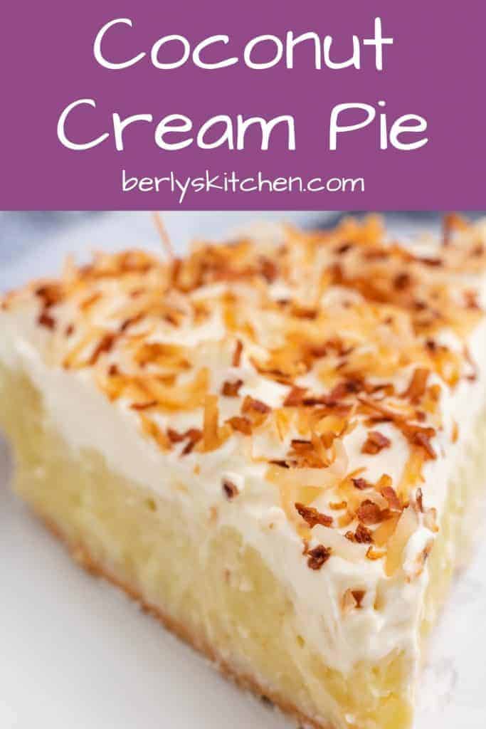 A close-up view of a serving of coconut cream pie.