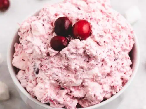 The cranberry fluff in a small white bowl.