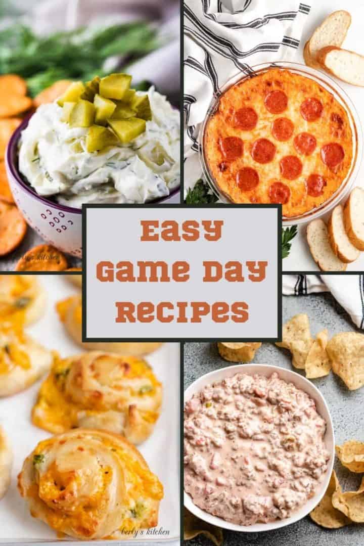 Several photos in collage form of easy game day recipes.