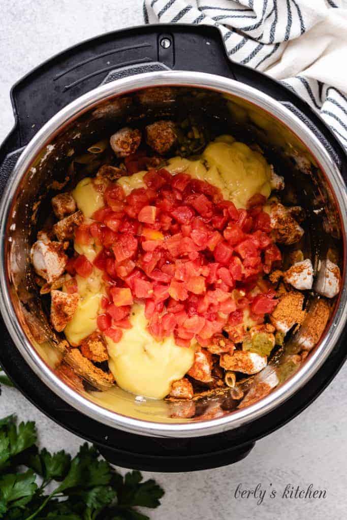 Diced tomatoes and chiles added to the pot.