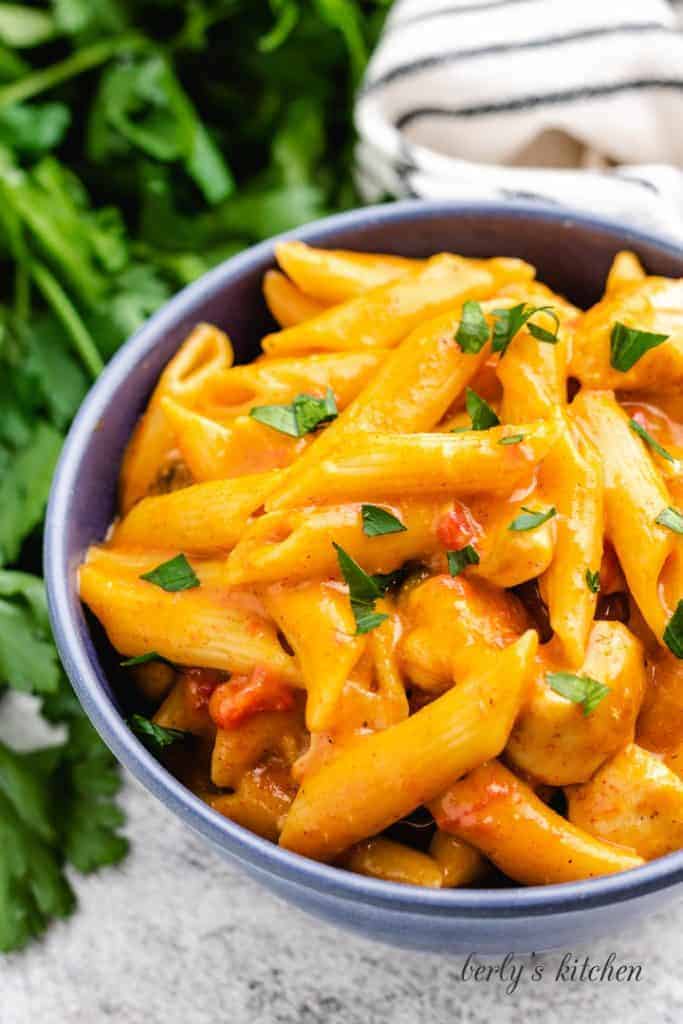 The finished cheesy chicken pasta in a bowl.