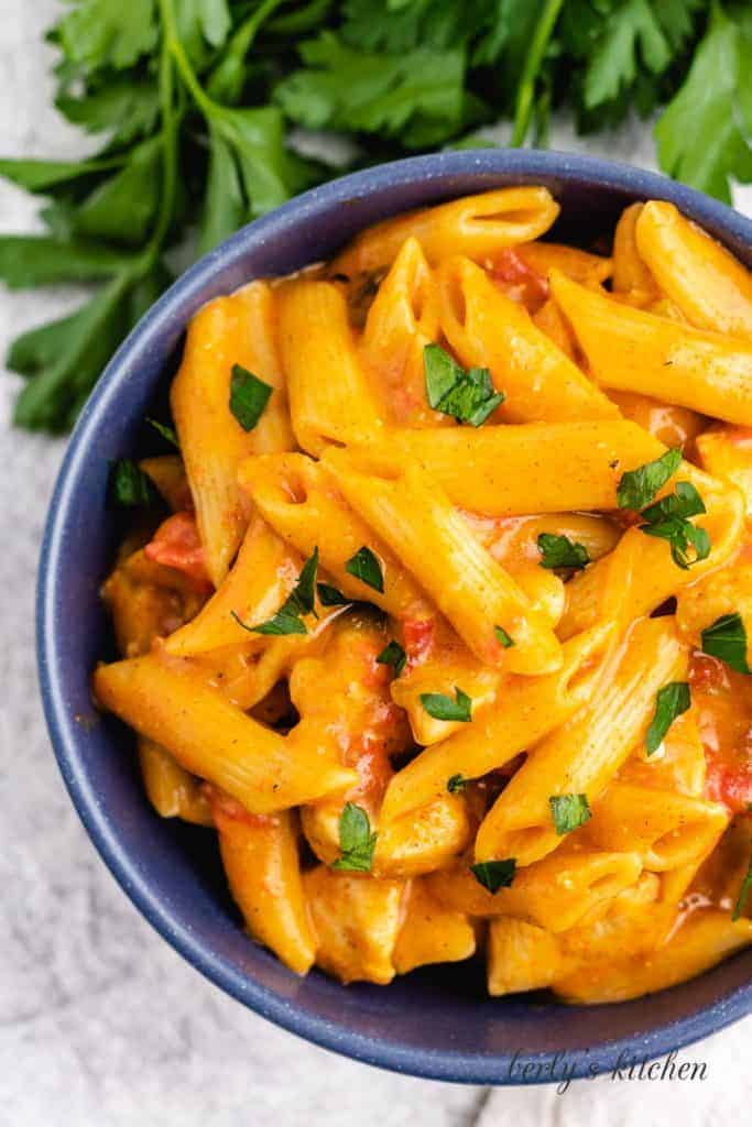 An aerial photo of the cheesy pasta in a bowl.