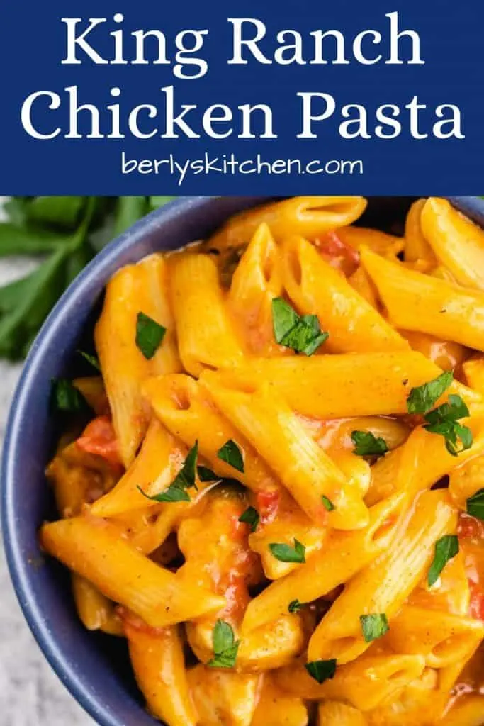 Aerial view of the King Ranch chicken pasta in a bowl.