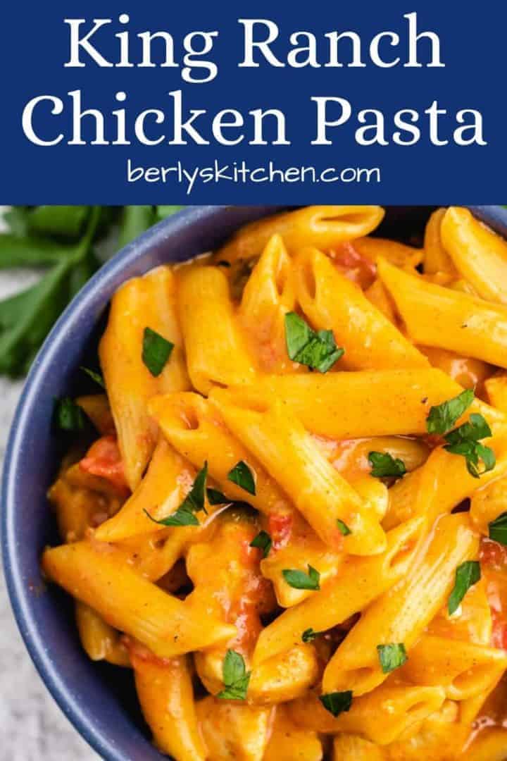 Aerial view of the king ranch chicken pasta in a bowl.