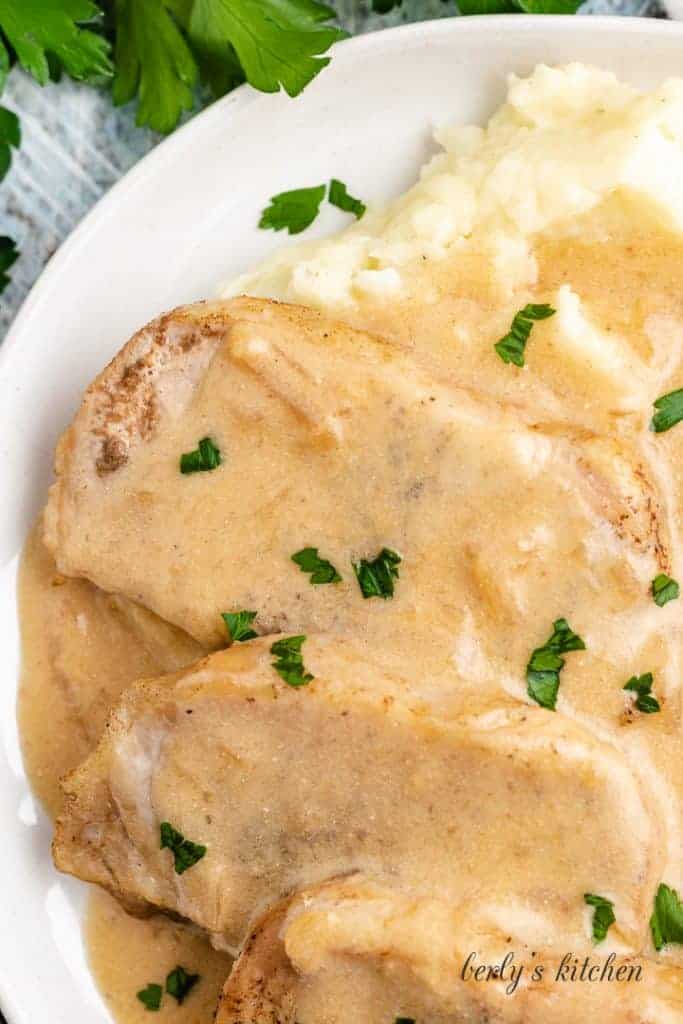 An aerial view of the pork, potatoes, and gravy on a plate.