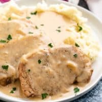 The Instant Pot pork chops with mashed potatoes and gravy.