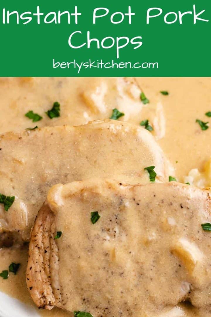 Close-up photo of the Instant Pot pork chops with sour cream gravy.