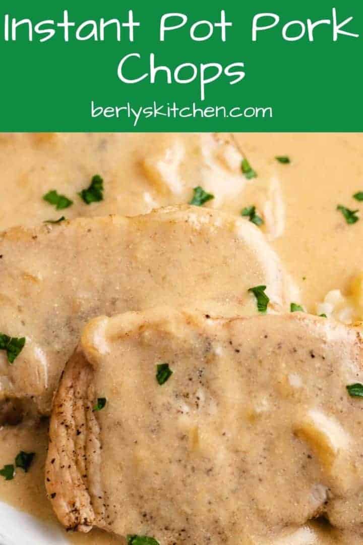 Close-up photo of the instant pot pork chops with sour cream gravy.