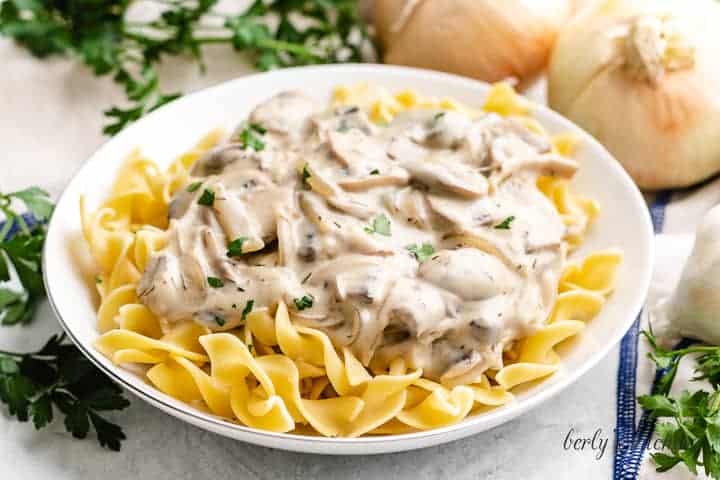The mushroom stroganoff served over egg noodles.