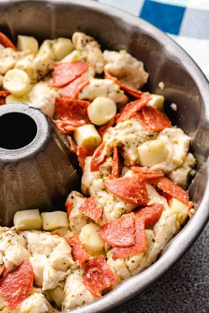 The pepperoni mixture transferred to a bundt pan.