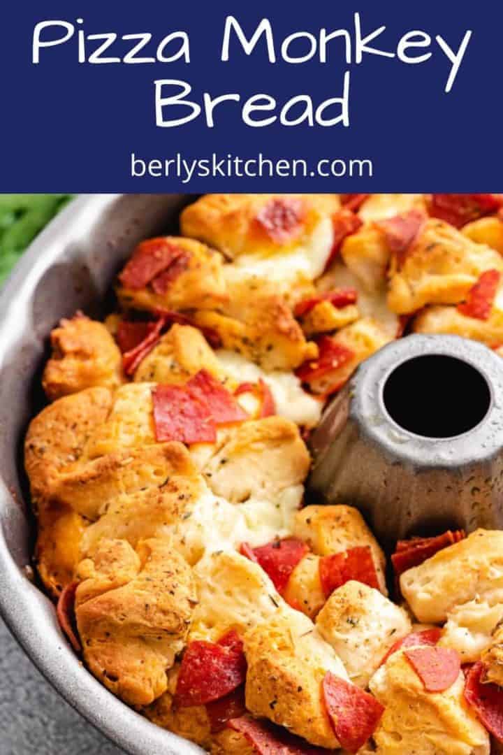 The cheesy pizza monkey bread in a bundt pan.