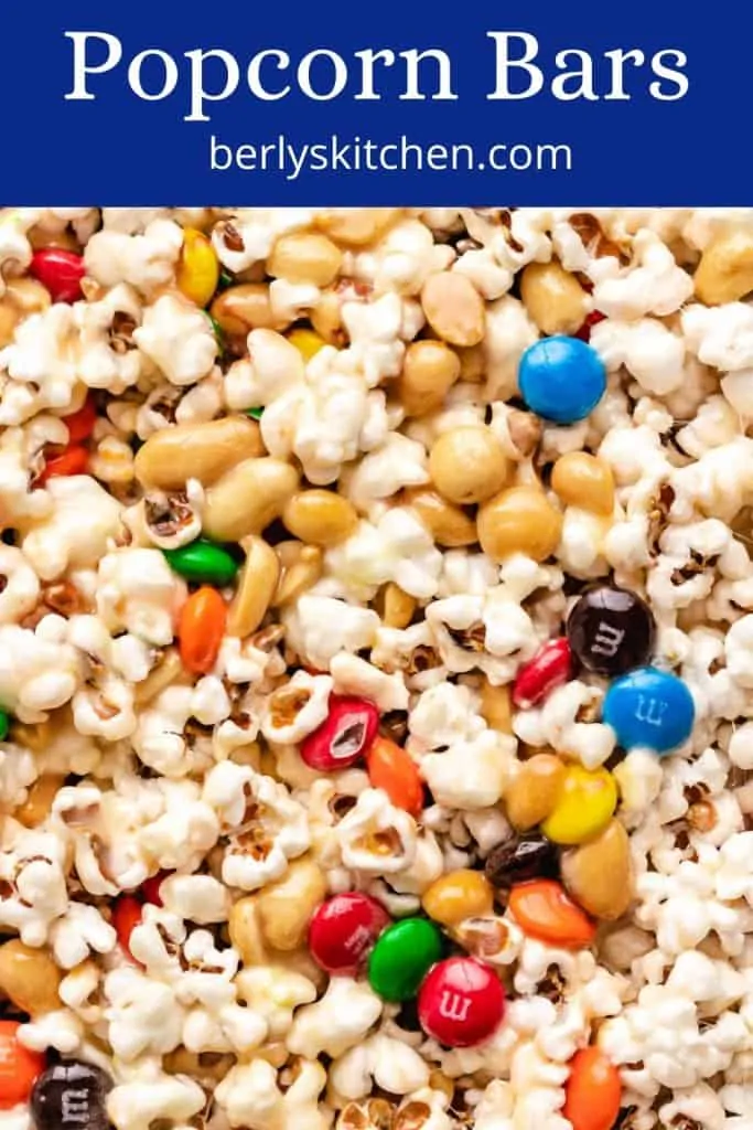 A close-up view of the popcorn bars cooling in a dish.