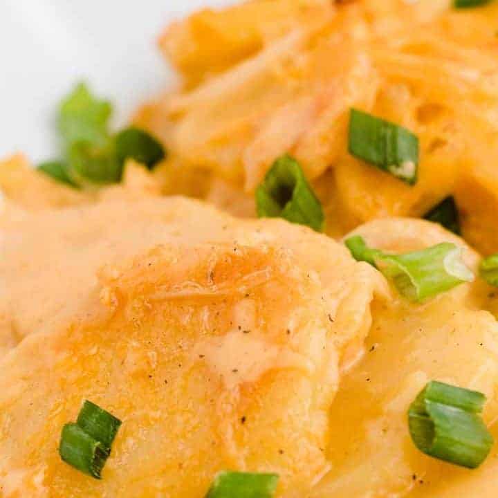 A close-up photo of the creamy scalloped potatoes.