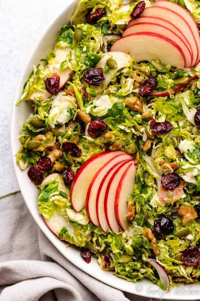 An up-close, aerial view of the finished salad.