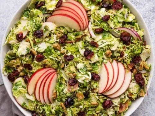 An aerial view of the shaved brussel sprout salad.