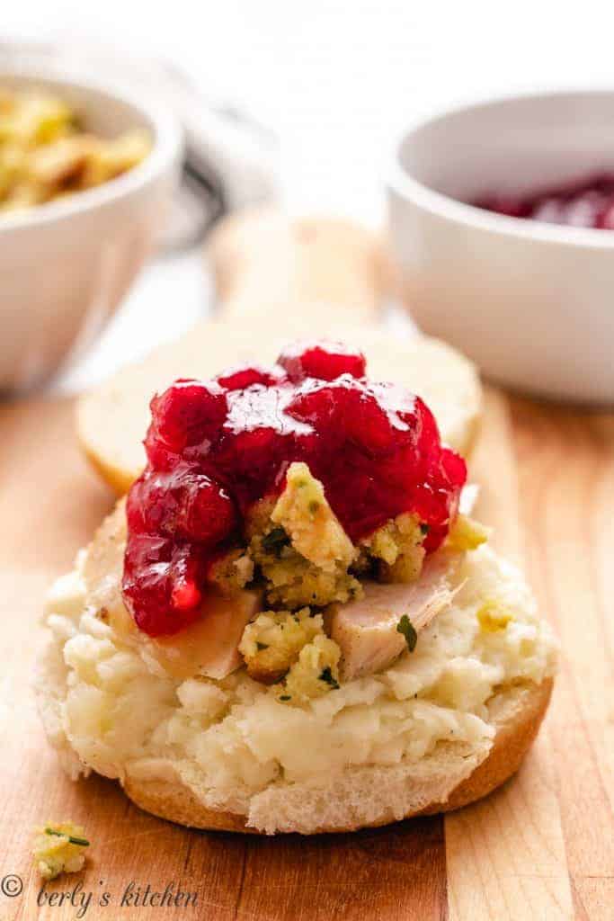 Cranberry sauce poured over the stuffing.