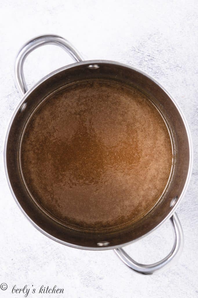 A top-down view of the cooked sauce in the pan.