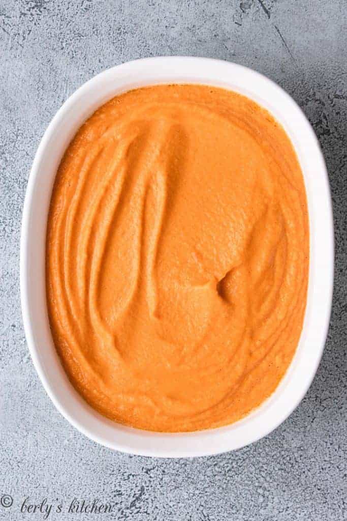 The carrot batter transferred to a casserole dish.