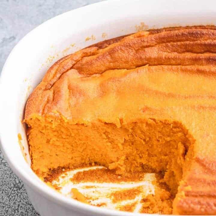 The finished souffle with a serving removed.