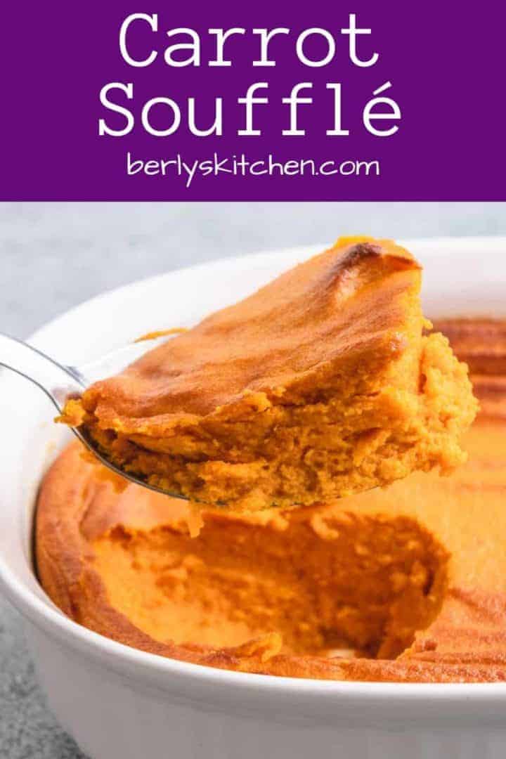 Carrot soufflé being scooped from a casserole dish.