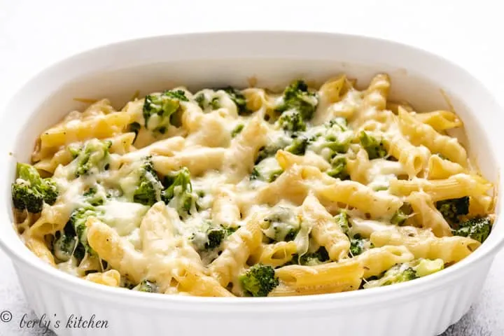 The finished broccoli cheese pasta bake topped with melted Parmesan.