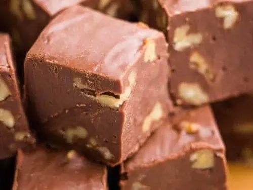 A close-up view of the finished chocolate walnut fudge.