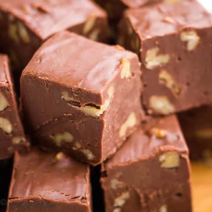 A close-up view of the finished chocolate walnut fudge.