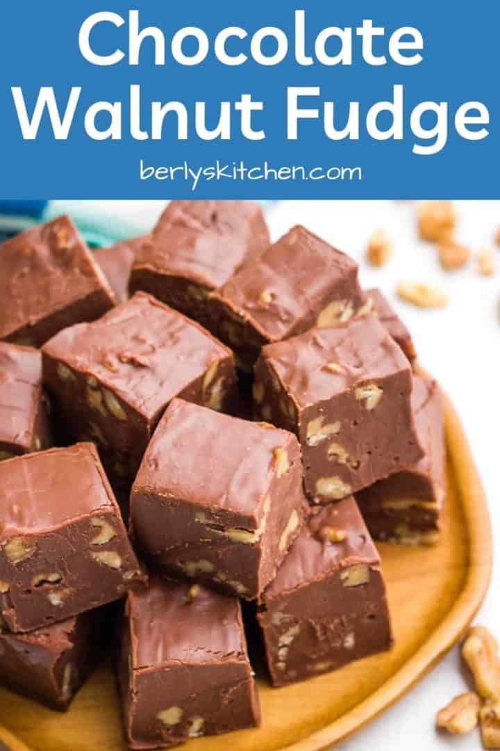 A label photo displaying squares of chocolate walnut fudge.