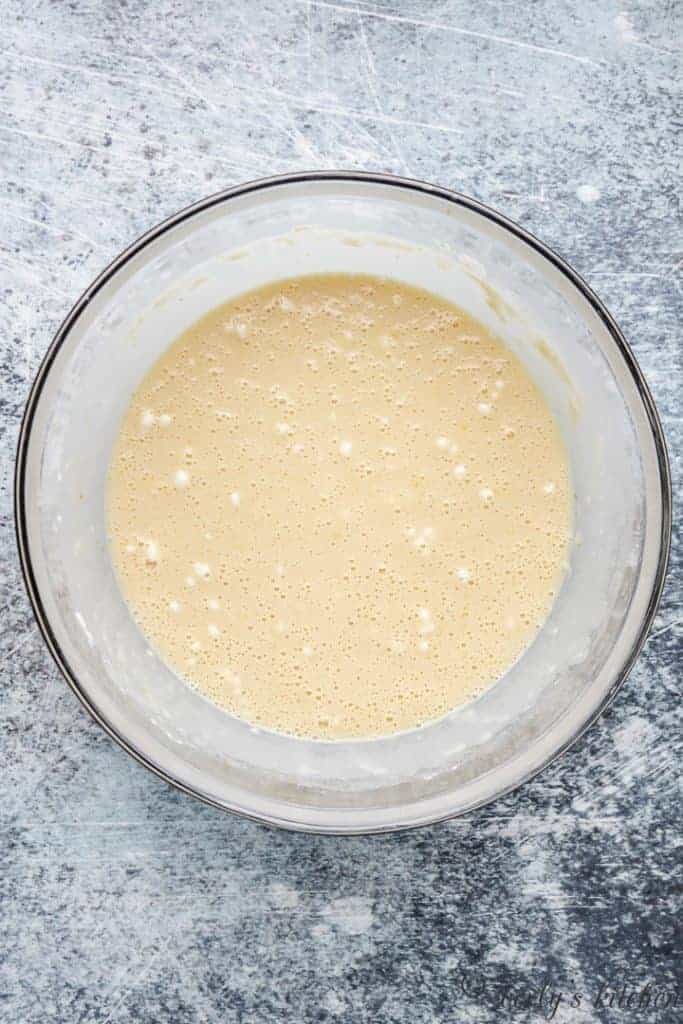 The wet and dry ingredients combined in a bowl.