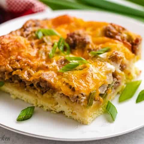 A serving of the crescent roll breakfast casserole on a plate.