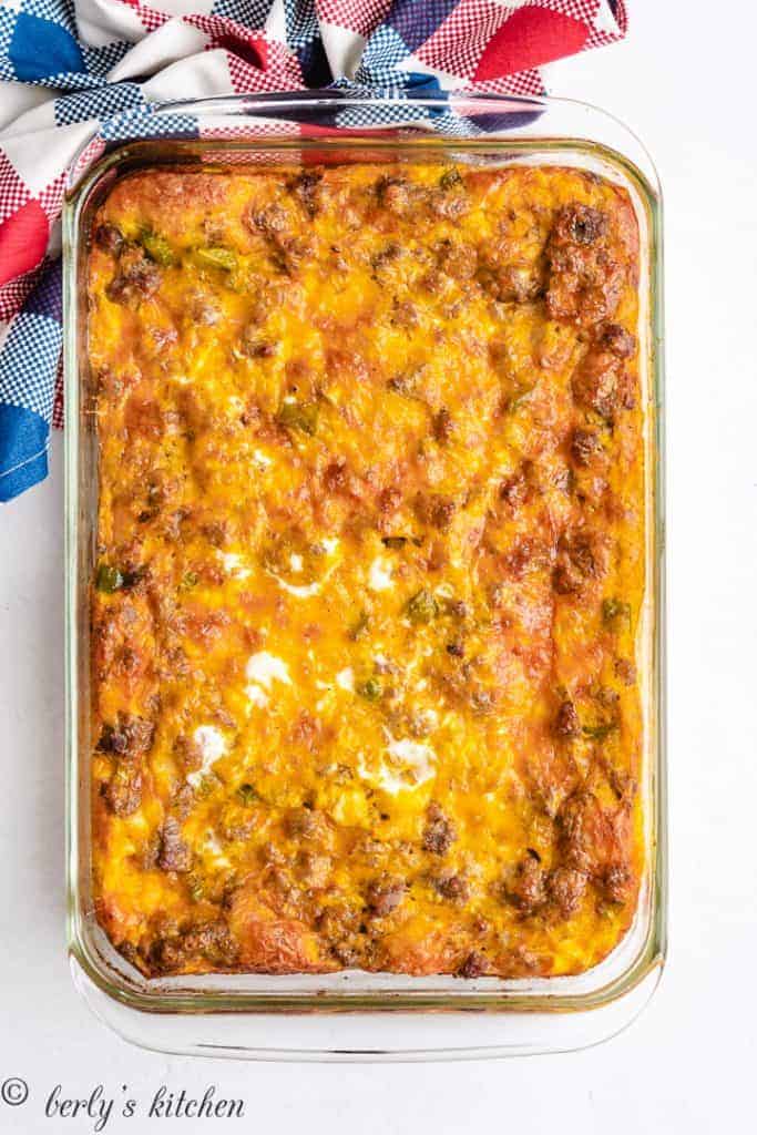 The breakfast casserole has baked and is ready to served.