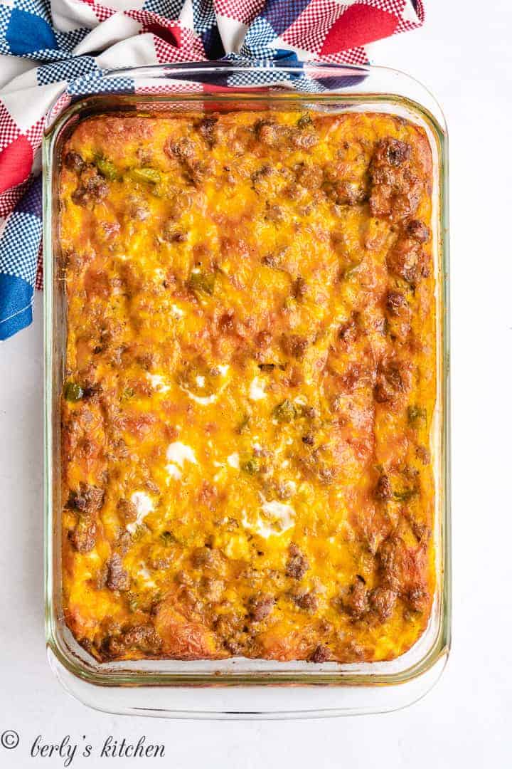 The breakfast casserole has baked and is ready to served.