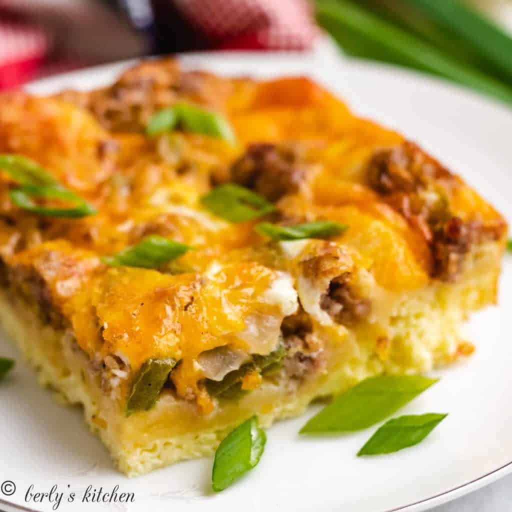 A slice of the crescent roll breakfast casserole on a plate.