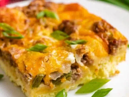 A slice of the crescent roll breakfast casserole on a plate.