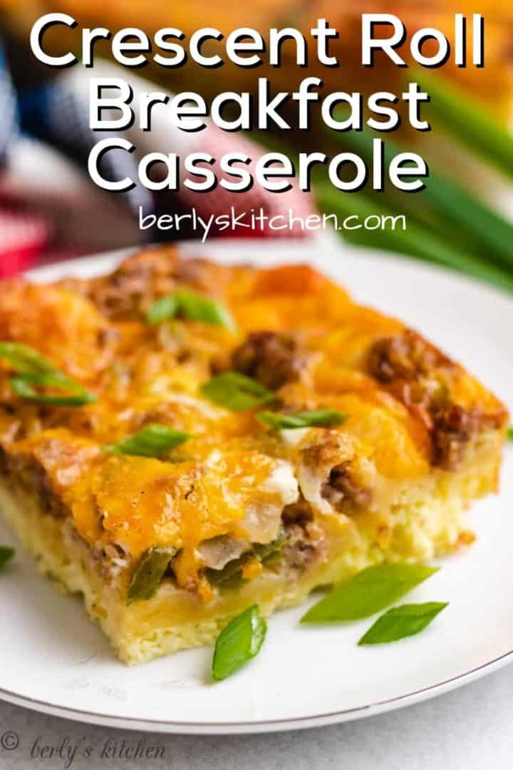 The breakfast casserole served on a white plate.