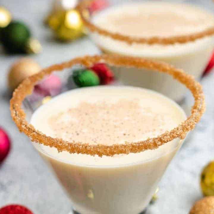 Eggnog Martini Two finished martinis served in short glasses.