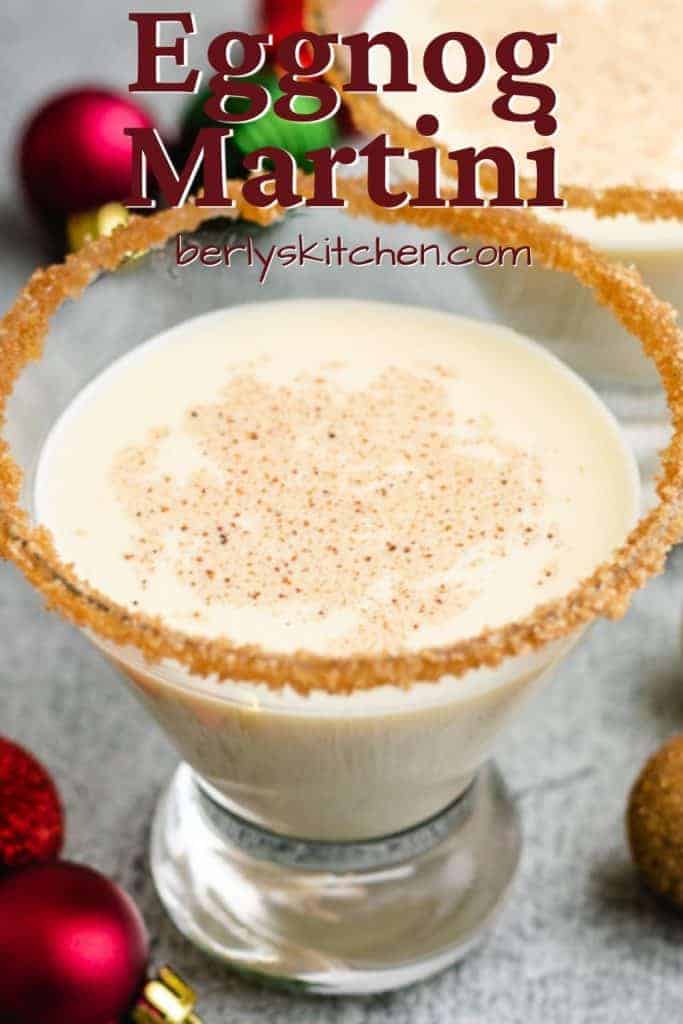 An up-close view of a garnished eggnog martini.