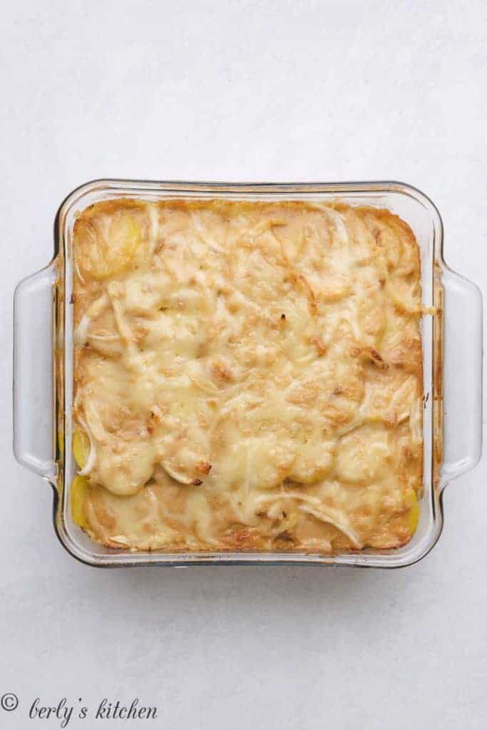 The potato side dish has baked and needs to cool.