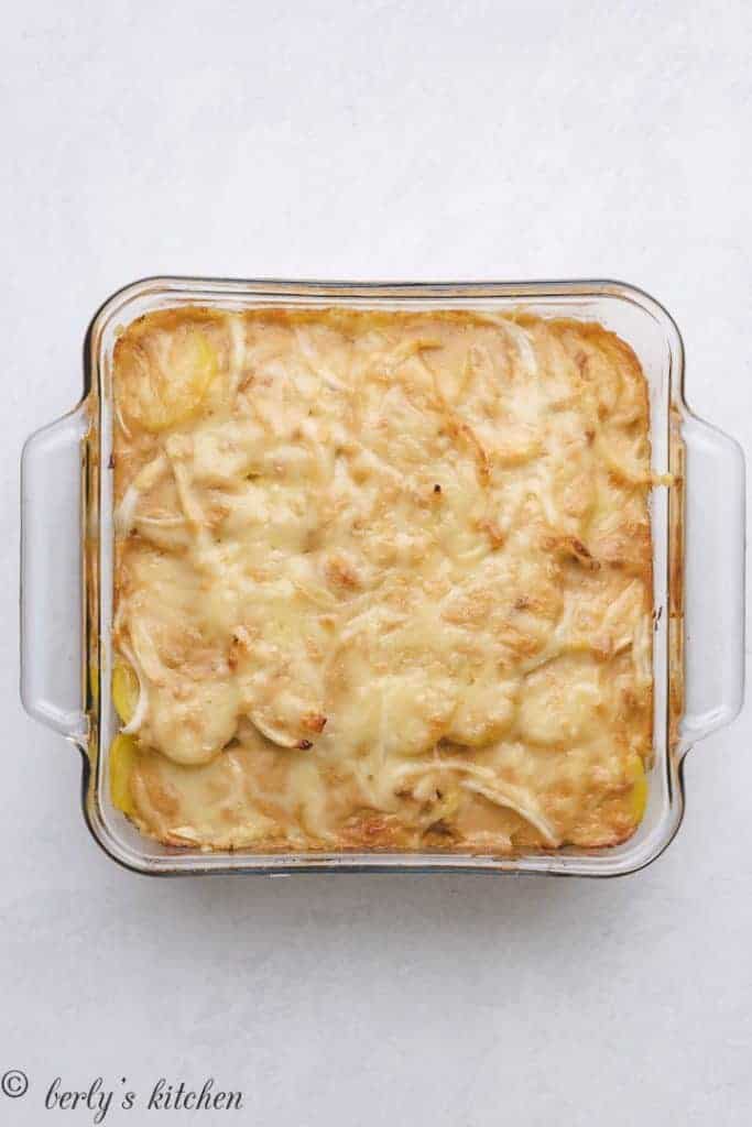 The potato side dish has baked and needs to cool.