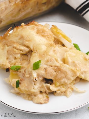 A serving of the French onion potato bake on a plate.