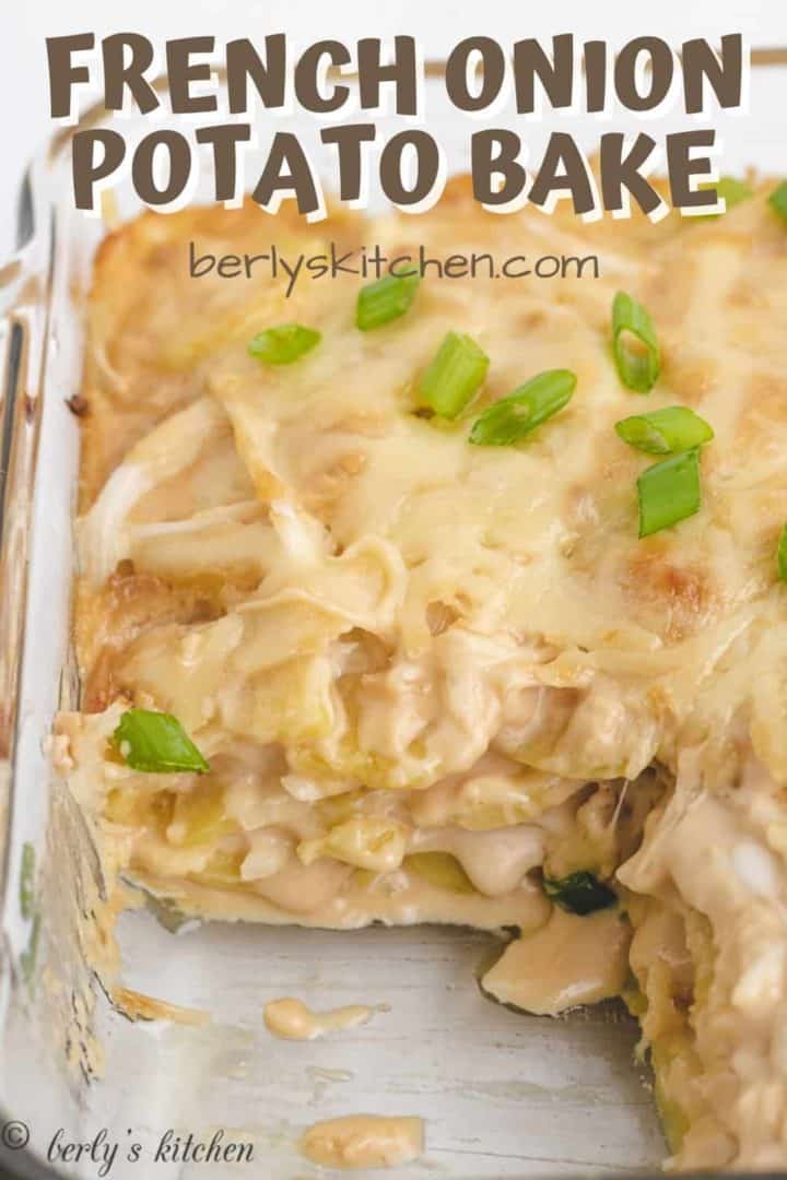 A serving of the French onion potato bake removed from the baking dish.