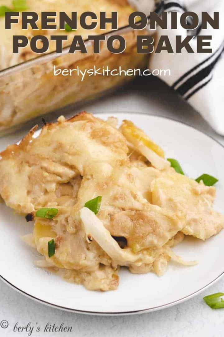 A piece of the French onion potato casserole on a plate.