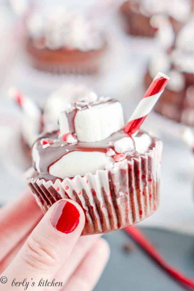 A cupcake garnished with frosting, marshmallow, and crushed peppermint.