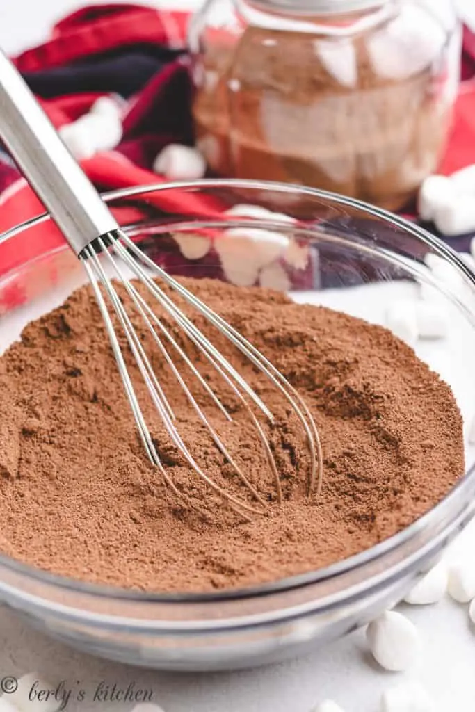Ingredients for hot chocolate mix in a glass bowl.