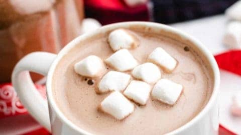 Mug of hot chocolate next to mix.