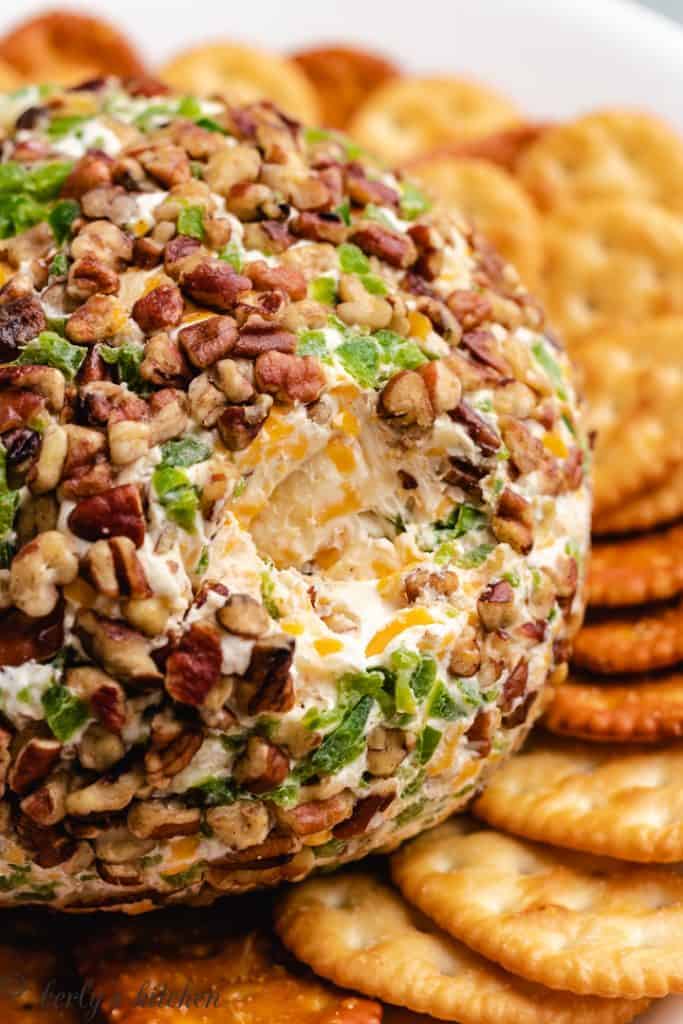 The cheese ball showing the inside of the snack.