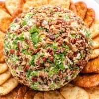 An aerial view of the jalapeno cheese ball with crackers.