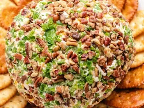 An aerial view of the jalapeno cheese ball with crackers.