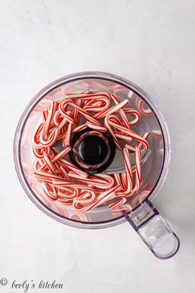 Candy canes in a food processor.