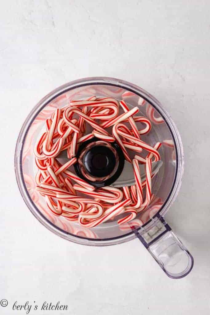 Candy canes in a food processor.